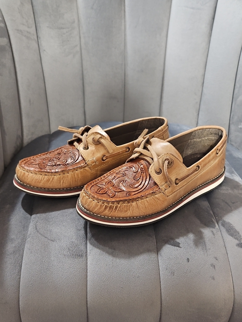 Roper Brown Tooled Leather Boat Shoes
